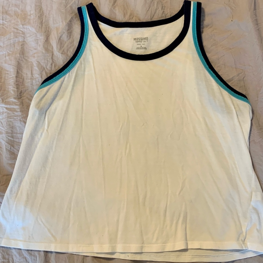 Mossimo Supply Co. White Cropped Tank Top, Navy Blue and Bright Blue Detail, M